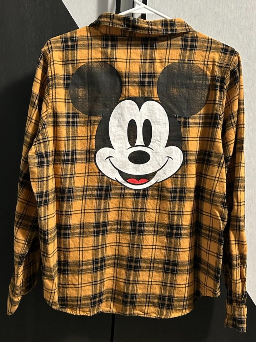 Disney Mickey Mouse Mustard/Black Plaid Flannel Button Down Shirt Women's M